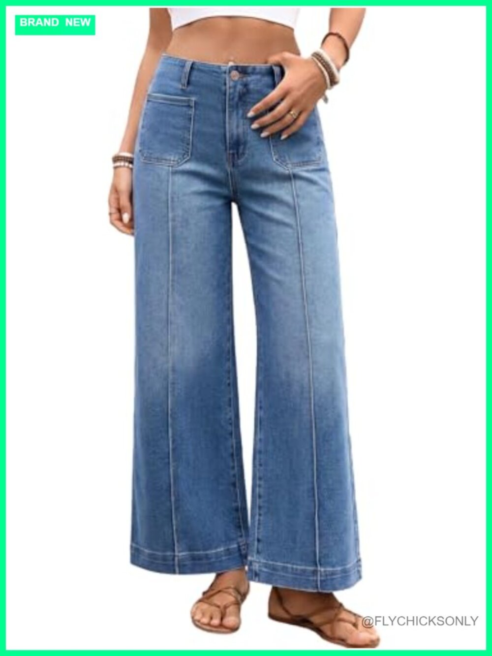 Wide Leg High Waisted Cropped Jeans Stretch Denim Front Seam Baggy Fit